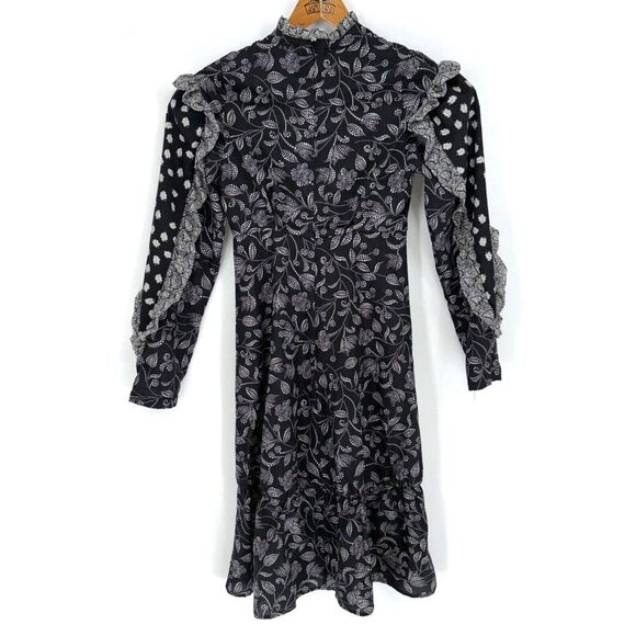 NWT Isabel Marant Etoile Black White Floral Dress Ruffles Zip Long Sleeve Sz 36 - Picture 2 of 16